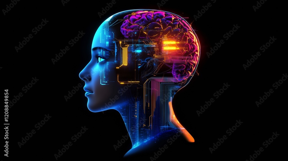 Side view of a humanoid head with blue and yellow eyes and vibrant neon neural network, representing futuristic technology and artificial intelligence. Generative AI Side view of a humanoid head with blue and yellow eyes and vibrant neon neural network, representing futuristic technology and artificial intelligence. Generative AI