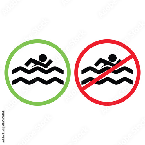 Swimming area and no swimming signs in red and green colors . Swim zone icon and swimming not allowed icon Vector template illustration.eps