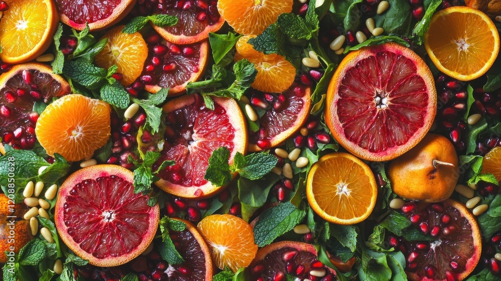 A vibrant, high-resolution shot of a healthy salad filled with fresh greens, pomegranate, oranges, grapefruit, persimmons, pine nuts, and mint leaves A vibrant, high-resolution shot of a healthy salad filled with fresh greens, pomegranate, oranges, grapefruit, persimmons, pine nuts, and mint leaves