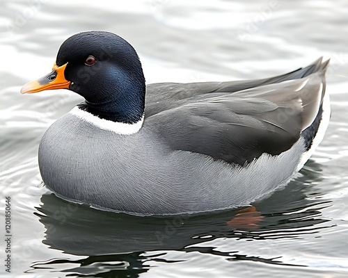 Male duck swimming on calm water, showcasing its dark head, grey body, and orange beak. photo