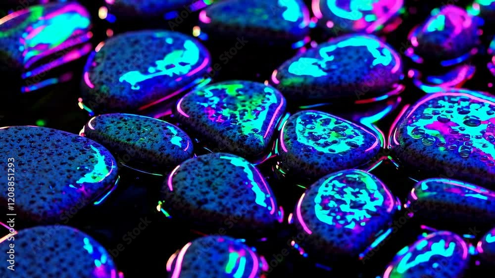 Colorful neon glowing stones with reflective surface, vibrant abstract art concept Colorful neon glowing stones with reflective surface, vibrant abstract art concept