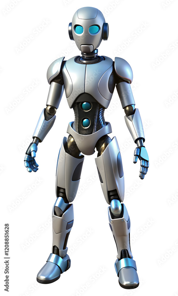 Silver Sentinel: A futuristic, humanoid robot stands with a cool, stoic expression, its sleek silver body accented with vibrant blue highlights. Silver Sentinel: A futuristic, humanoid robot stands with a cool, stoic expression, its sleek silver body accented with vibrant blue highlights.