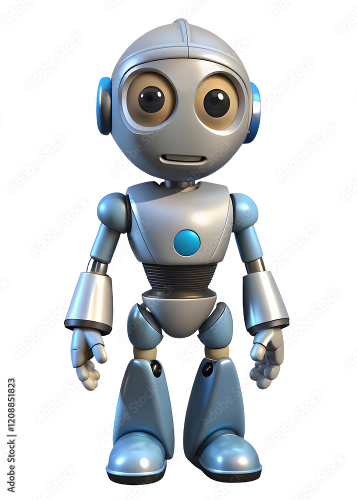 Friendly Robot: A friendly and approachable robot with large eyes, a charmingly innocent expression, and a sleek, silver design. This adorable robot is ready to inspire curiosity and imagination. Friendly Robot: A friendly and approachable robot with large eyes, a charmingly innocent expression, and a sleek, silver design. This adorable robot is ready to inspire curiosity and imagination.