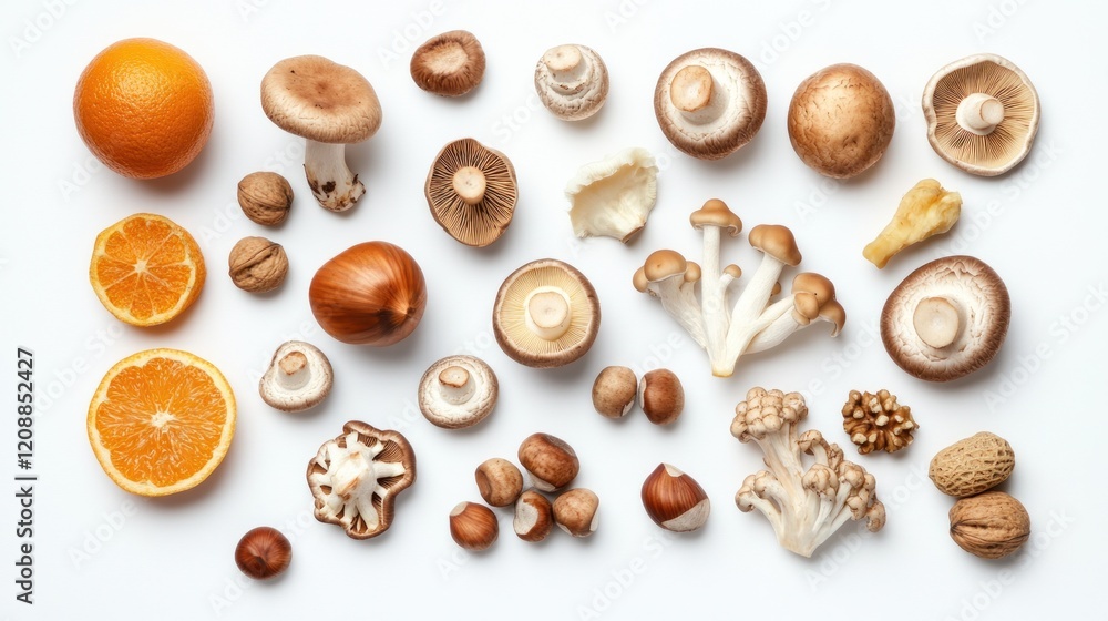 A vibrant top-view flat lay of healthy foods like nuts, fruits, mushrooms, and vegetables on a white background. Copy space available, focus stacking for crisp details A vibrant top-view flat lay of healthy foods like nuts, fruits, mushrooms, and vegetables on a white background. Copy space available, focus stacking for crisp details