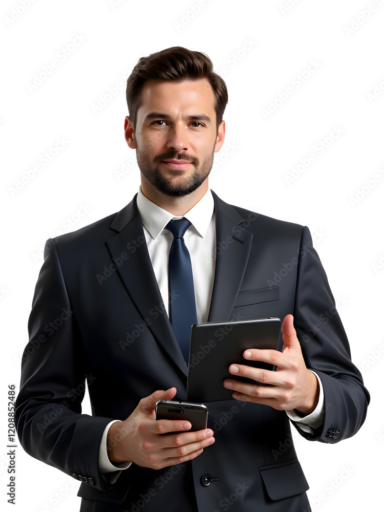 Professional Businessman Multitasking with Tablet and Phone - Ideal for Corporate and Business Use, Illustrating Modern Communication and Technology in the Workplace. Professional Businessman Multitasking with Tablet and Phone - Ideal for Corporate and Business Use, Illustrating Modern Communication and Technology in the Workplace.