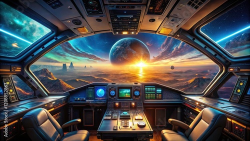 Fototapeta Naklejka Na Ścianę i Meble -  Night descends on an alien world; inside, a spaceship's cockpit hums, preparing for planetary touchdown.