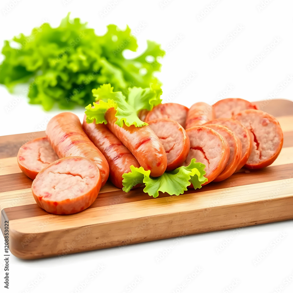 slices of sausages with green lettuce on a wooden board isolated on the white background