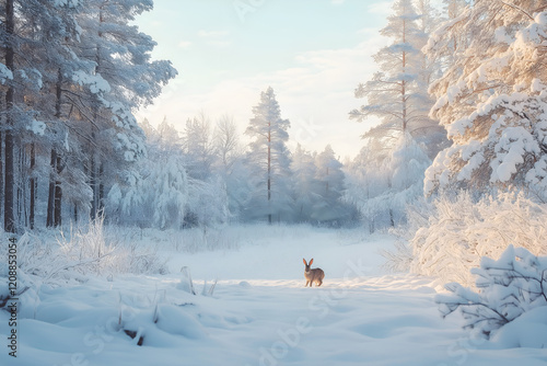 Cute bunny with long ears hopping joyfully through a snowy winter forest. photo