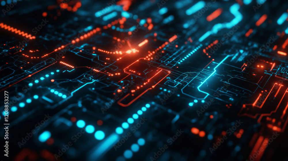 Obraz premium Abstract futuristic digital background with a circuit board and glowing elements. Glowing lines representing data flow on the screen.