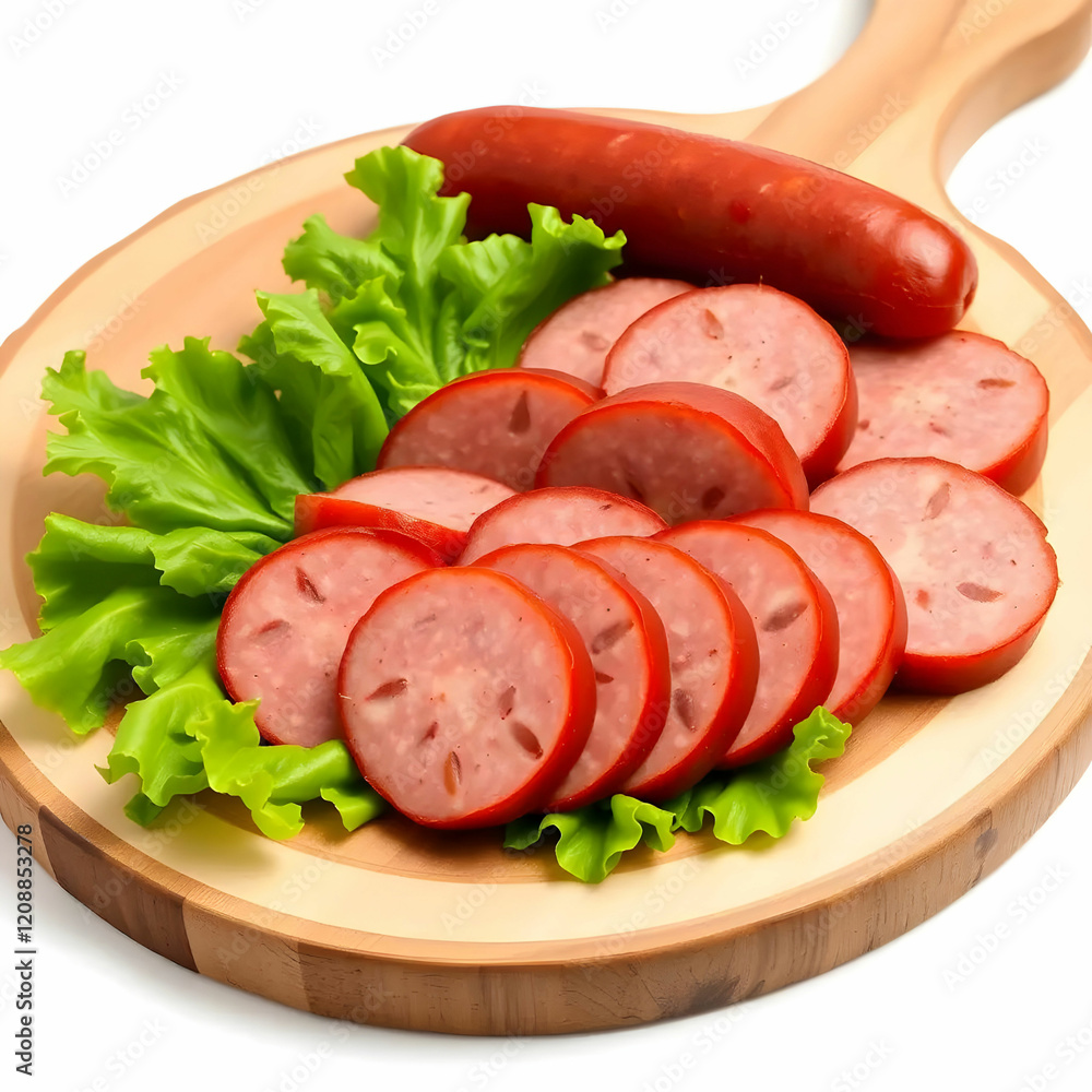 slices of sausages with green lettuce on a wooden board isolated on the white background slices of sausages with green lettuce on a wooden board isolated on the white background