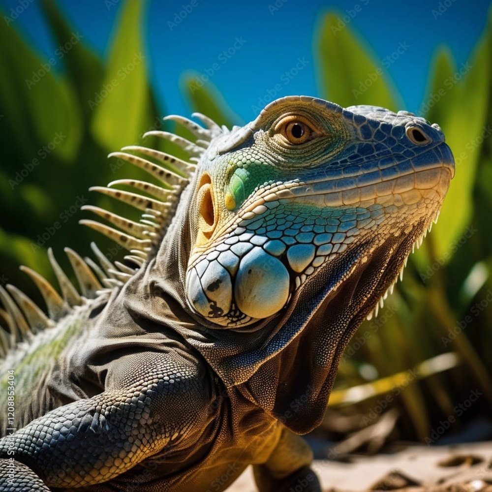 Naklejka premium A green iguana on a beach