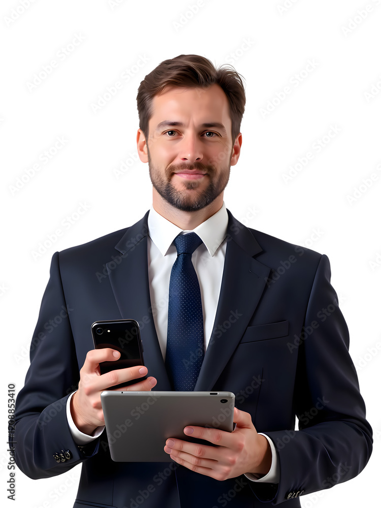 Professional Businessman Multitasking with Tablet and Phone - Ideal for Corporate and Business Use, Illustrating Modern Communication and Technology in the Workplace. Professional Businessman Multitasking with Tablet and Phone - Ideal for Corporate and Business Use, Illustrating Modern Communication and Technology in the Workplace.