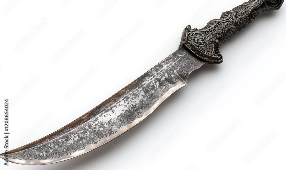Ornate, curved dagger; aged, metallic blade. Ornate, curved dagger; aged, metallic blade.