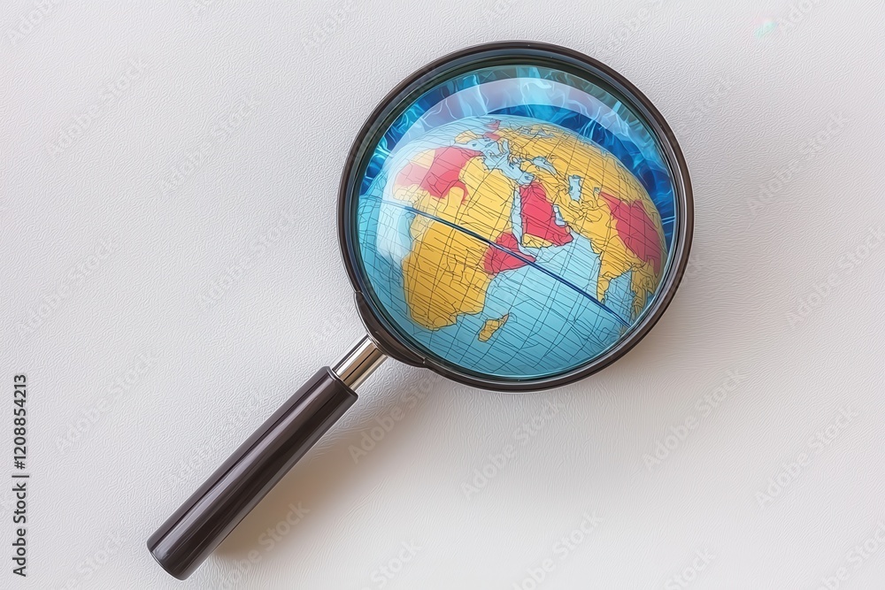 Magnifying Glass Over World Map Highlighting Global Locations and Features