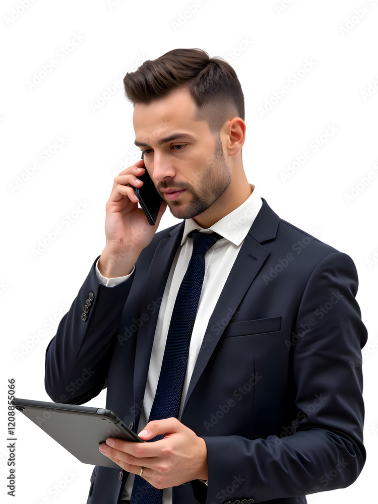 Professional Businessman Multitasking with Tablet and Phone - Ideal for Corporate and Business Use, Illustrating Modern Communication and Technology in the Workplace.