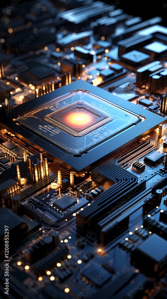 Fototapeta premium Digital technology blue and black 3d processor poster background