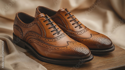 Polished brown leather brogue oxford shoes on wooden surface. photo