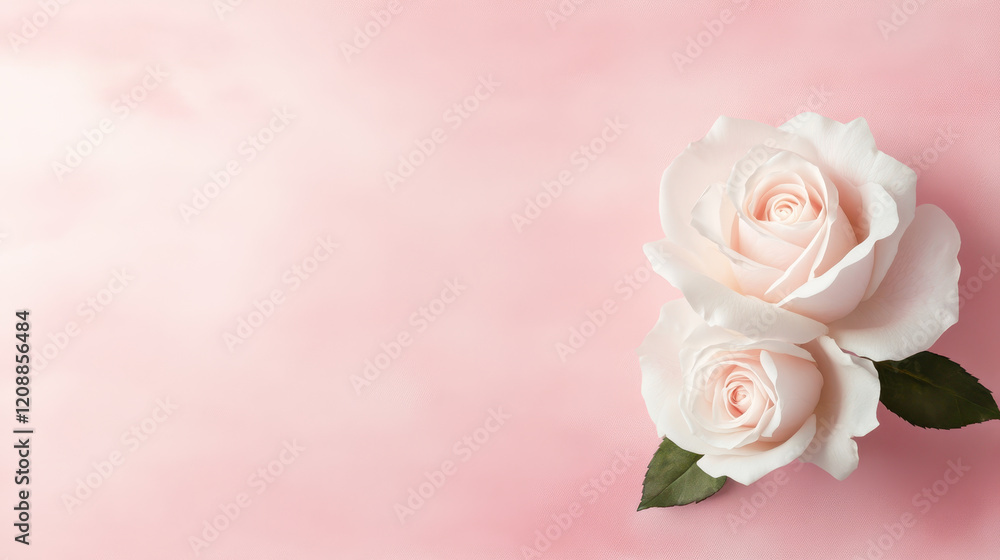 Soft pink background with two white roses and green leaves, creating romantic mood Soft pink background with two white roses and green leaves, creating romantic mood