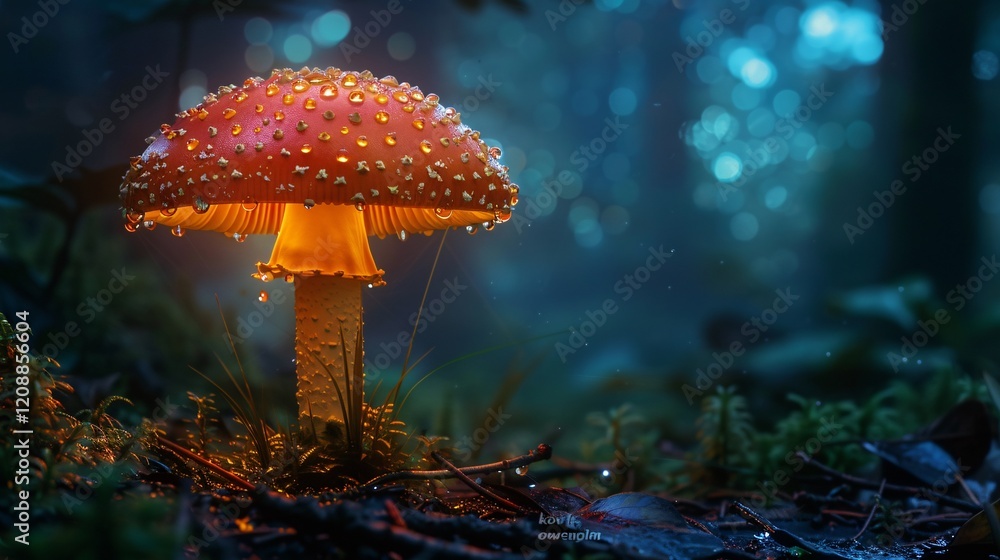 Fototapeta premium Luminous backlit glowing forest mushroom with drops, captured in a dark shot, hyperdetailed