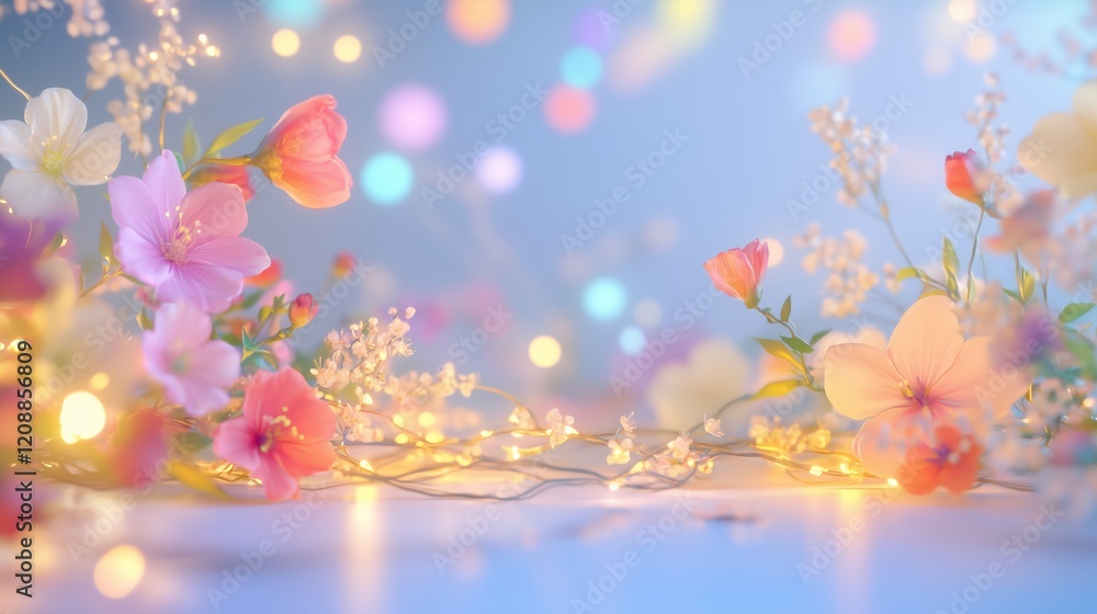 Fototapeta premium The image showcases a whimsical birthday celebration scene. It features three-dimensional pastel-colored empty space, decorated with small flowers.