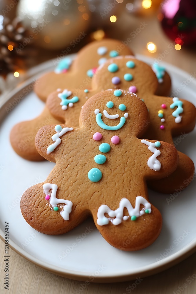 Three decorated gingerbread men on a plate. Three decorated gingerbread men on a plate.