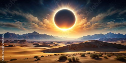 Captivating solar eclipse over tranquil desert landscape, solar eclipse, captivating, tranquil, desert, landscape, sky