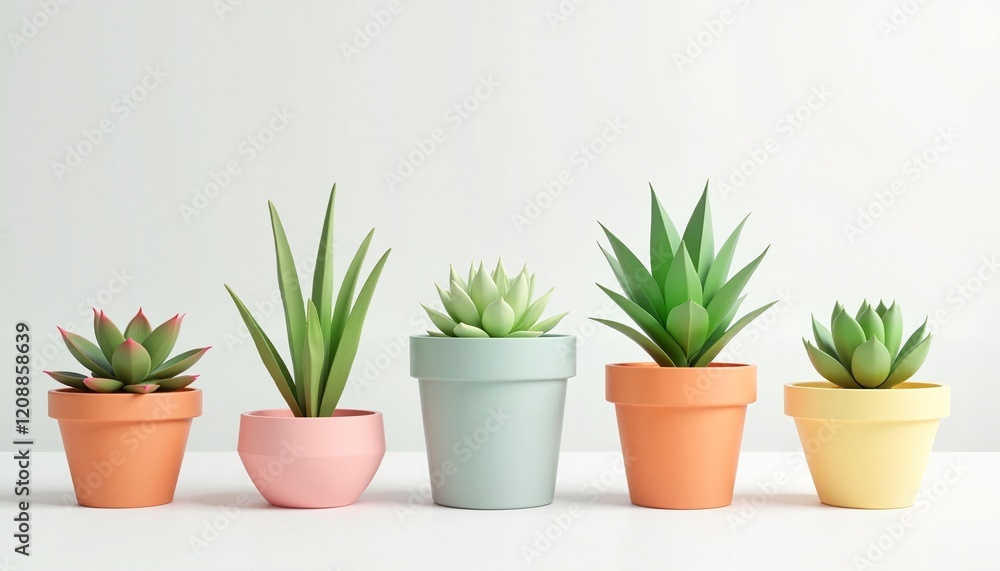 Vibrant Display of Five Colorful Potted Plants in a Row on a Clean White Background. Vibrant Display of Five Colorful Potted Plants in a Row on a Clean White Background.