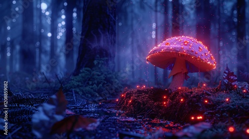 Faded dark shot of a glowing mushroom in a forest, with neon lights and water drops, hyperdetailed photo