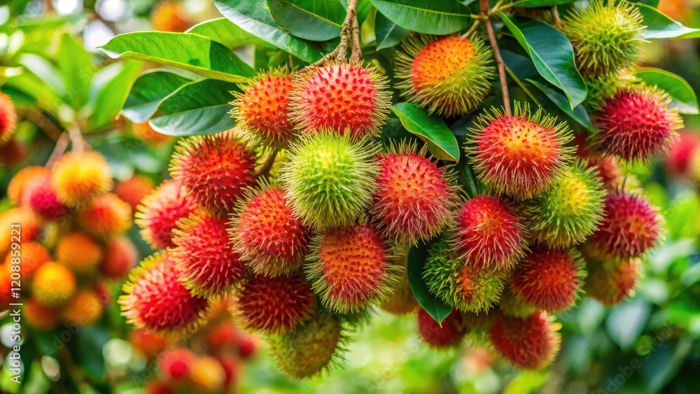 Rambutan tree heavy with juicy ripe fruits , tropical, agriculture, harvest, fresh, red, spiky, exotic, sweet, cluster Rambutan tree heavy with juicy ripe fruits , tropical, agriculture, harvest, fresh, red, spiky, exotic, sweet, cluster