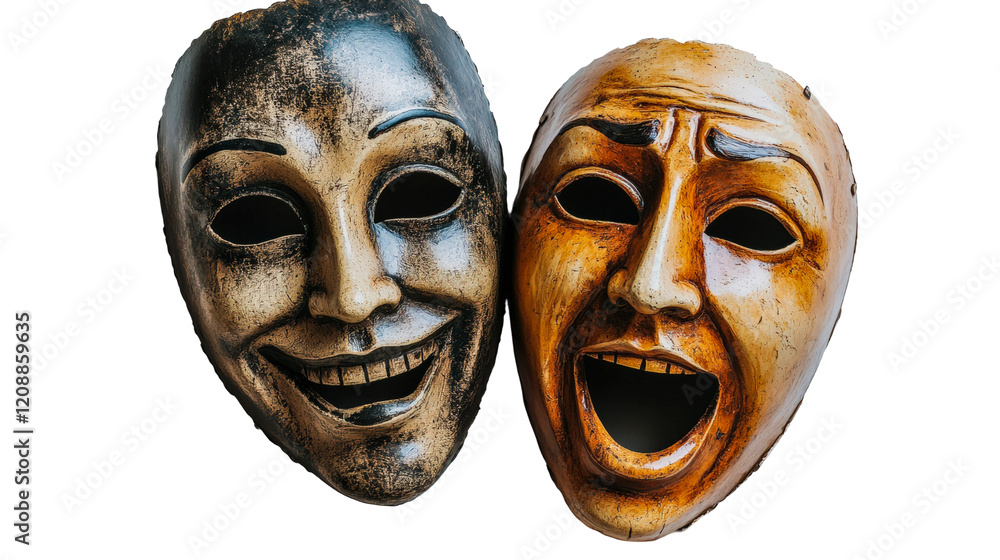 Masks representing joy and sorrow displayed, highlighting emotional expression in art isolated on transparent background Masks representing joy and sorrow displayed, highlighting emotional expression in art isolated on transparent background