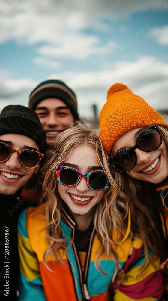 Happy Diverse Friends City Background Smiling Sunglasses Colorful Jackets Urban Lifest Happy Diverse Friends City Background Smiling Sunglasses Colorful Jackets Urban Lifest