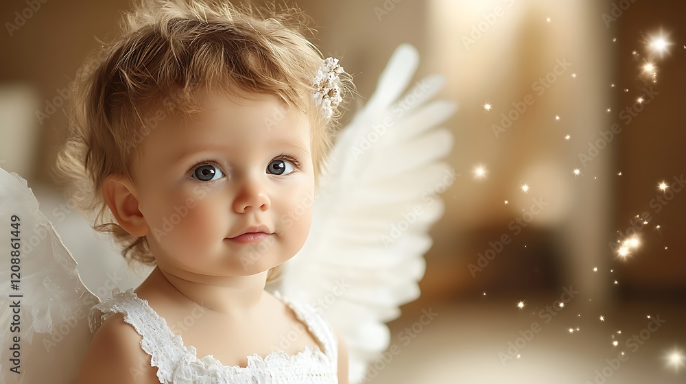 Cute Baby with Angel Wings and Sparkling Background in Soft Focus, Innocent Expression and Natural Light Cute Baby with Angel Wings and Sparkling Background in Soft Focus, Innocent Expression and Natural Light