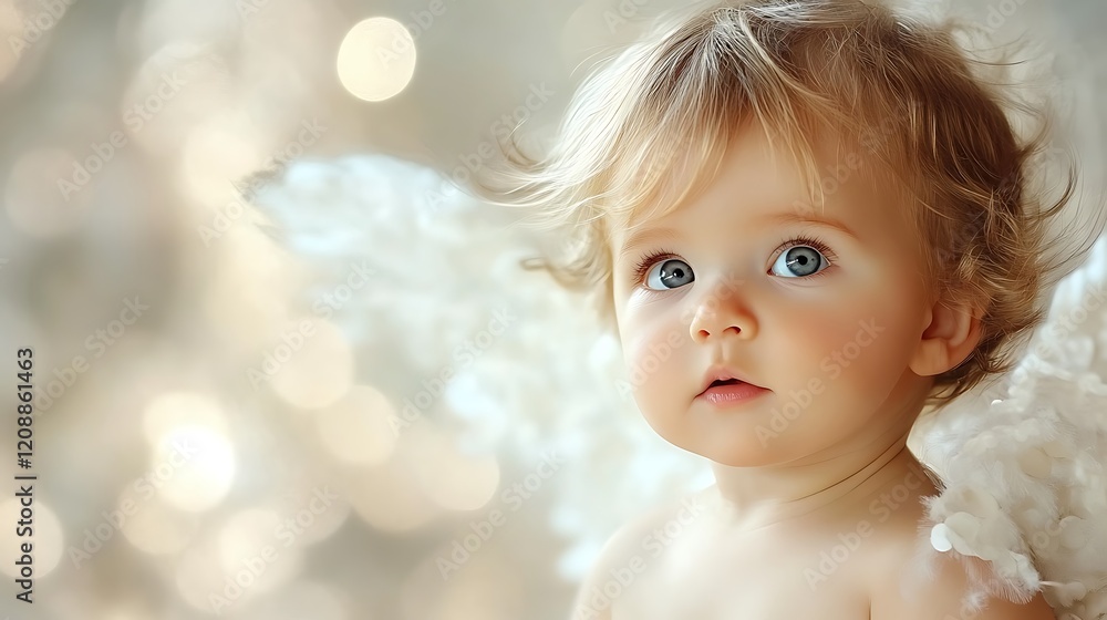 Adorable Baby with Angel Wings on a Soft Blurry Background with Shimmering Lights Adorable Baby with Angel Wings on a Soft Blurry Background with Shimmering Lights