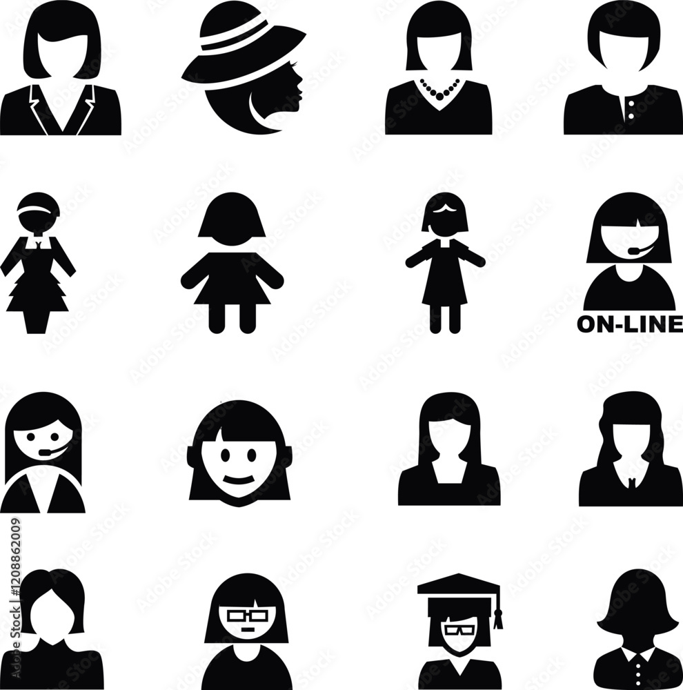 Women User Icon. Human Figure. Working People. business people, Staff icon. vector black avatar icons. A set of vectorized person icons. set people profession avatar vector Women User Icon. Human Figure. Working People. business people, Staff icon. vector black avatar icons. A set of vectorized person icons. set people profession avatar vector