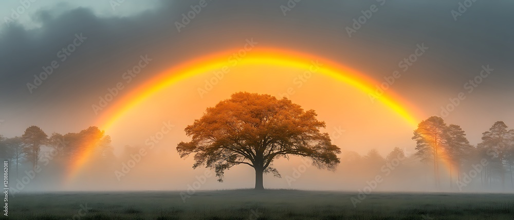Obraz premium Solitary tree under a sunrise rainbow.