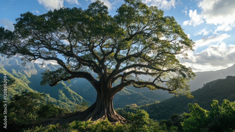 Majestic Ancient Tree overlooking Lush Mountainscape Majestic Ancient Tree overlooking Lush Mountainscape
