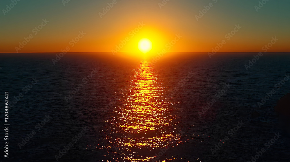 Naklejka premium a fiery sunset casting a long golden path across the ocean. The sun dips below the horizon, creating a stunning display of color and light.