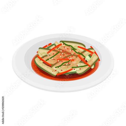 Vector Illustration Logo Clipart Oi Sobagi or Cucumber Pickled Kimchi on a White Plate