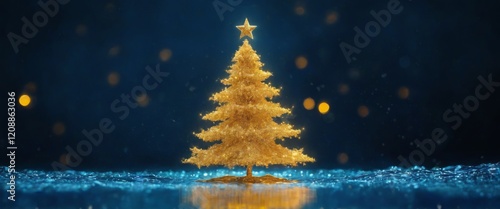 Golden Glitter Christmas Tree on Blue Background with Star, Water Reflection, Bokeh Effect, and Festive Magical Atmosphere.