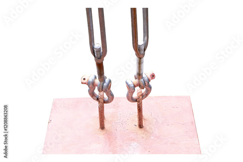 Sling is attached to concrete base. Bolt fixed on guy wire. U-BOLT or clamp with bolt attached to metal anchor on concrete base to support tension.  isolated on cut out PNG or transparent background. photo