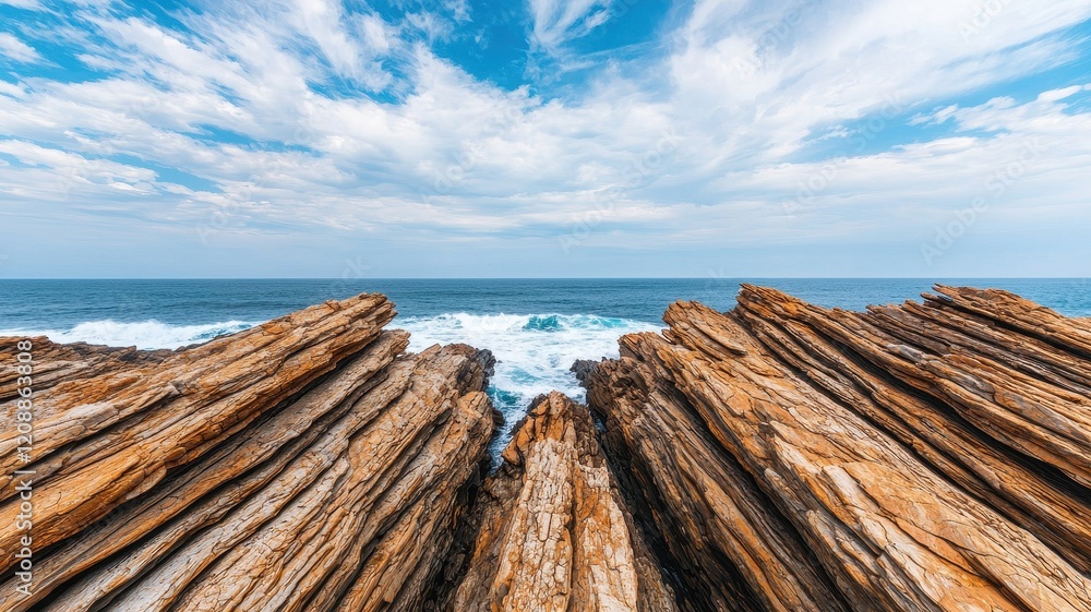 weathered rocky coastlines Coastal rock formations with waves and clouds above. weathered rocky coastlines Coastal rock formations with waves and clouds above.