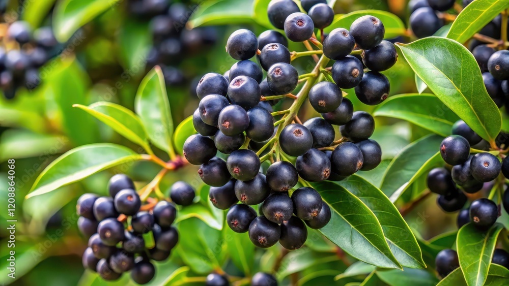 Close up of dark berries and green leaves of ligustrum japonicum, ligustrum japonicum, dark berries, green leaves, close up Close up of dark berries and green leaves of ligustrum japonicum, ligustrum japonicum, dark berries, green leaves, close up
