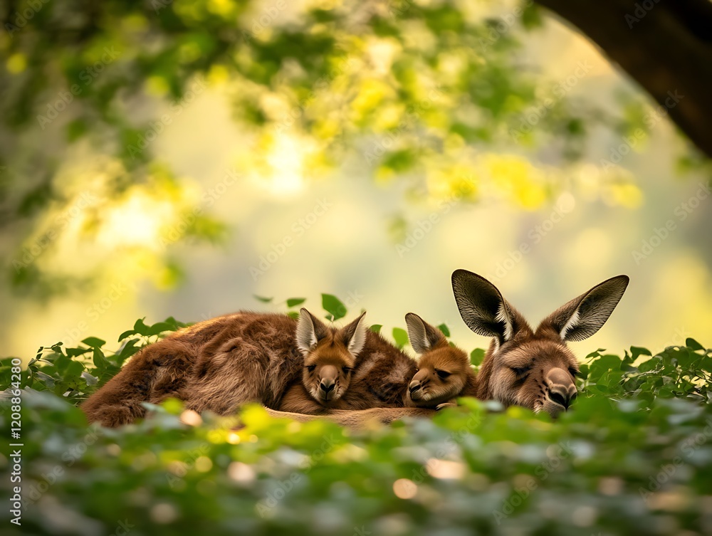 Red kangaroo mother and two joeys resting amidst lush green foliage in dappled sunlight. Red kangaroo mother and two joeys resting amidst lush green foliage in dappled sunlight.