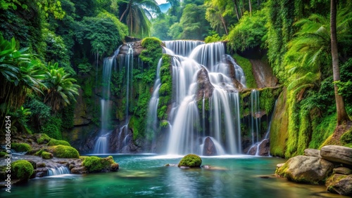 Beautiful waterfall cascading in lush Indonesian tropical forest with natural stone formations, Waterfall, Tropical, Forest