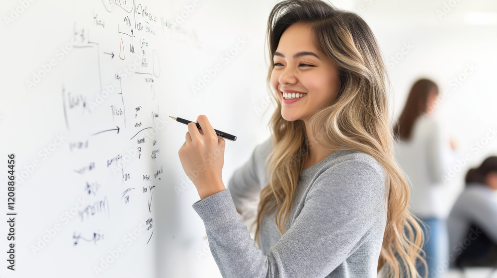 Young asian female writing on whiteboard in classroom setting Young asian female writing on whiteboard in classroom setting