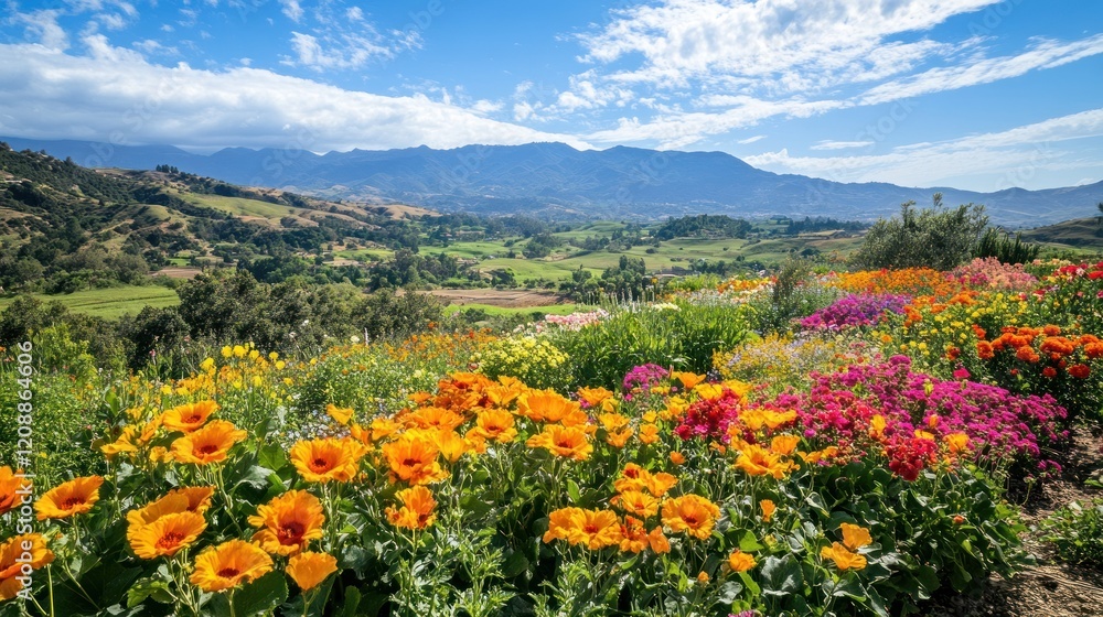 Vibrant Flower Fields and Majestic Mountain View Vibrant Flower Fields and Majestic Mountain View