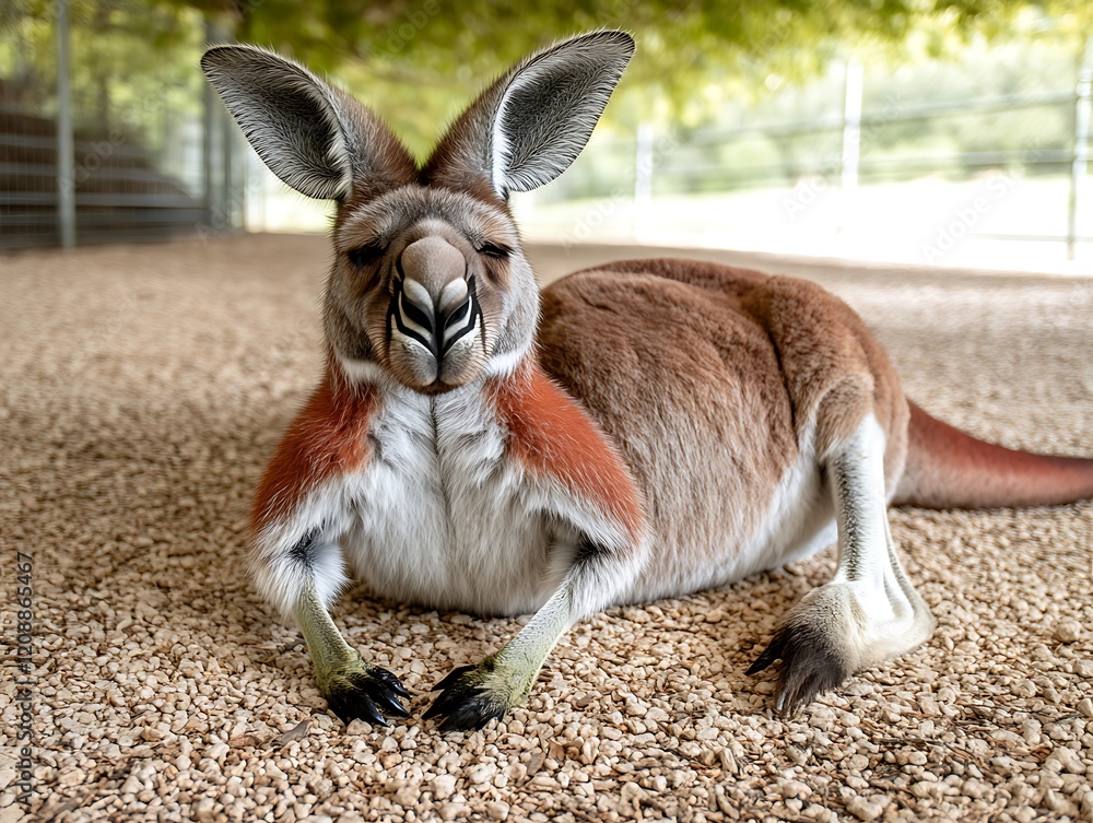 Red kangaroo resting on ground, zoo enclosure. Red kangaroo resting on ground, zoo enclosure.
