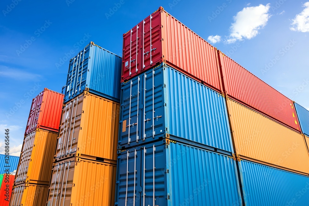 Fototapeta premium Colorful shipping containers stacked against a bright blue sky, showcasing industrial logistics and global trade.
