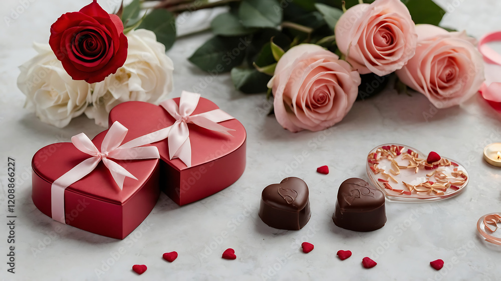 Romantic Valentine's Day Stock Image with Rose, Candles, and Gift Romantic Valentine's Day Stock Image with Rose, Candles, and Gift