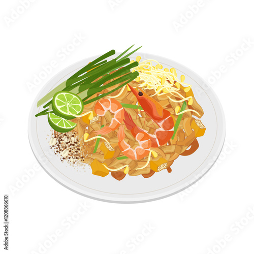 Vector Illustration Logo Clipart Pad Thai Stir Fried Rice Noodles on a White Plate 